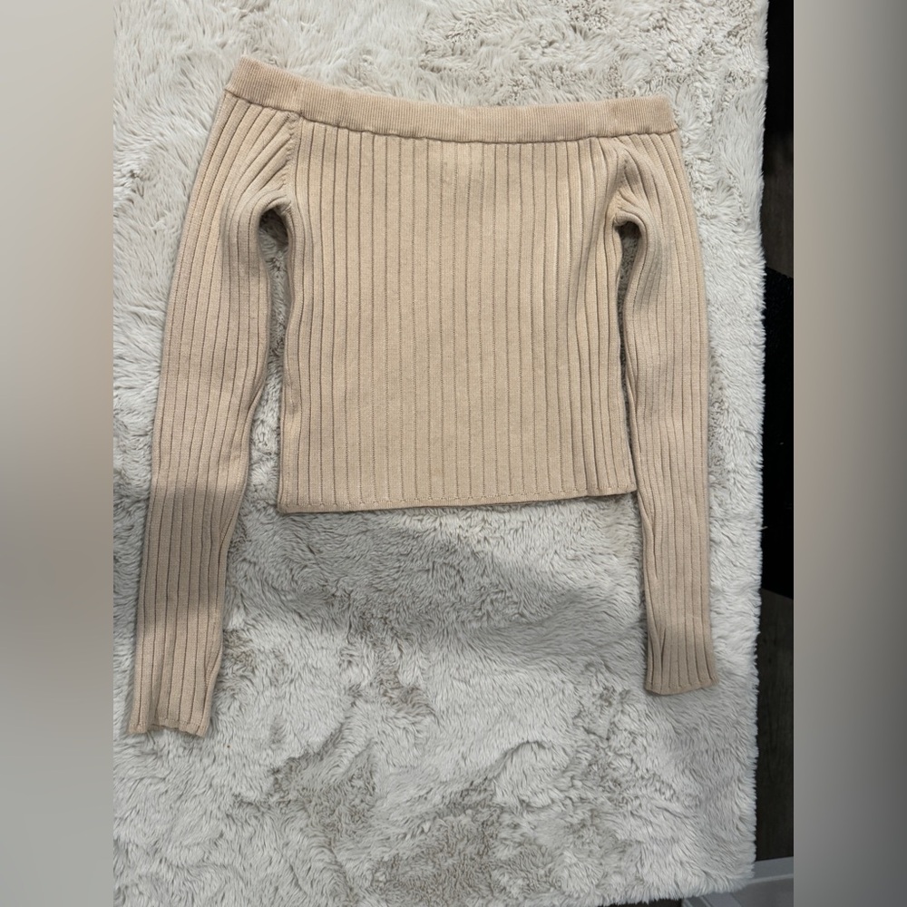 Aerie Cream Off-Shoulder Ribbed Sweater